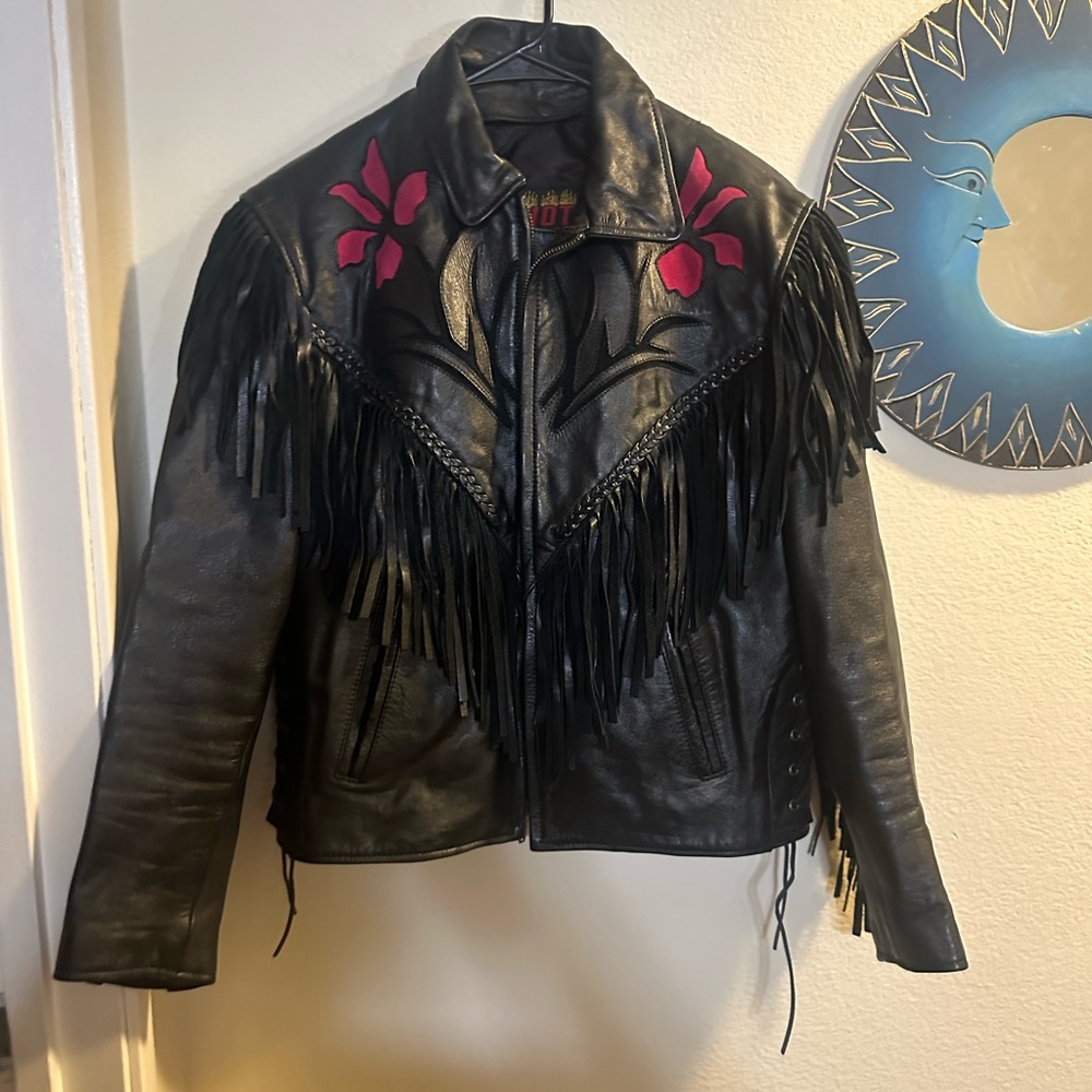 Women's Black Leather Motorcycle Jacket with Fringe 10